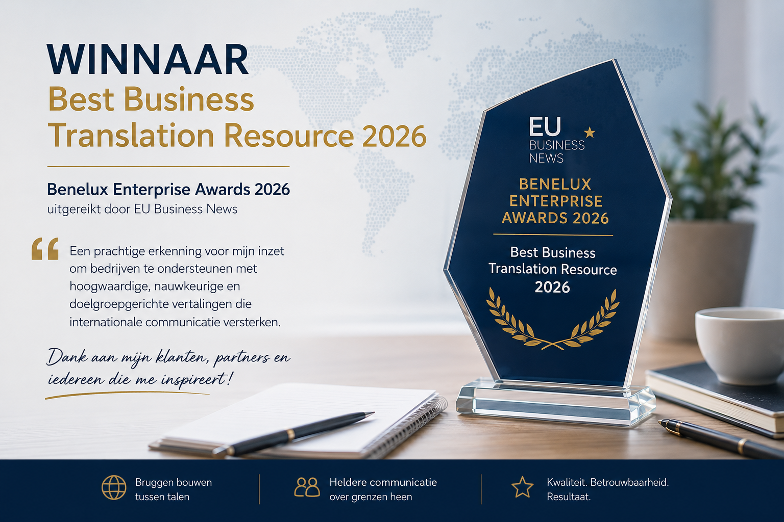 Best Business Translation Resource 2026 gewonnen tijdens de Benelux Enterprise Awards 2026